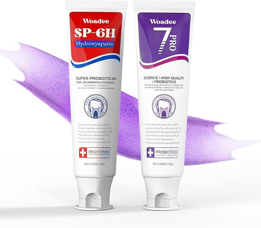 SP-6 Toothpaste Set, 6 Probiotics for Whitening & Cooling Fresh Breath, 7- Pro Intense Whitening, Fluoride-Free, Deep Brigthtening & Freshness (2 Tubes, Red +Purple)