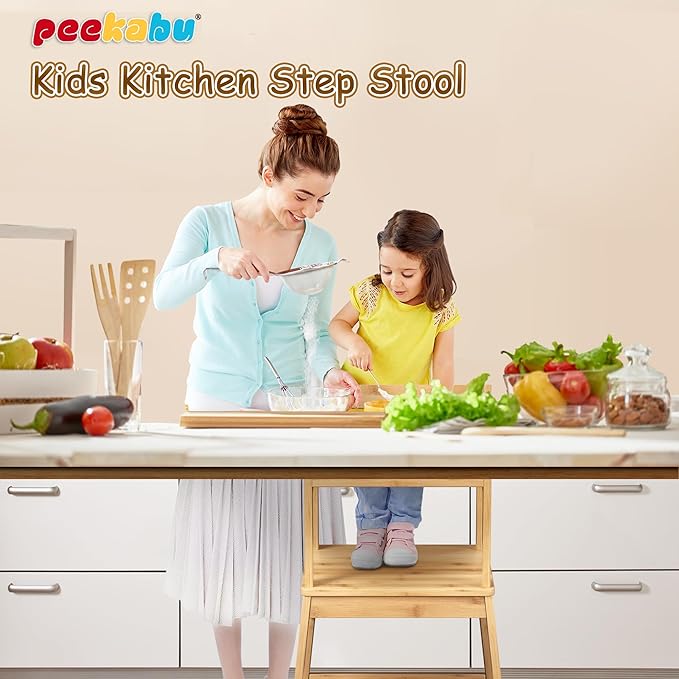 Kitchen Step Stool for Toddlers with Safety Rail, Wooden Toddler Standing Tower Kids Montessori Learning Stool Helper with A Anti-tip Structure for Kitchen Bathroom, Anti-Slip, Natural