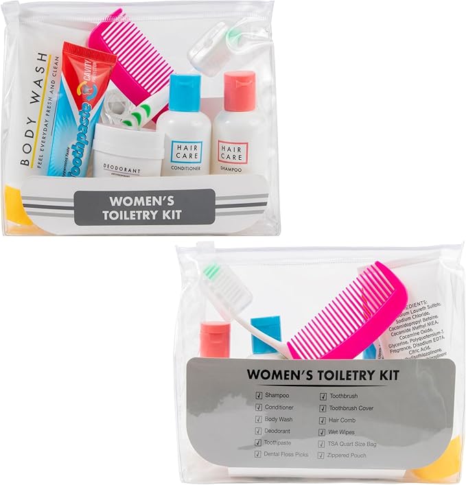 Trail maker (25 Kits) Homeless Care Package Supplies Bulk Summer Hygiene Travel Kits for Women, 15 Piece Travel Size Toiletries, Homeless Supplies in Bulk for Charity