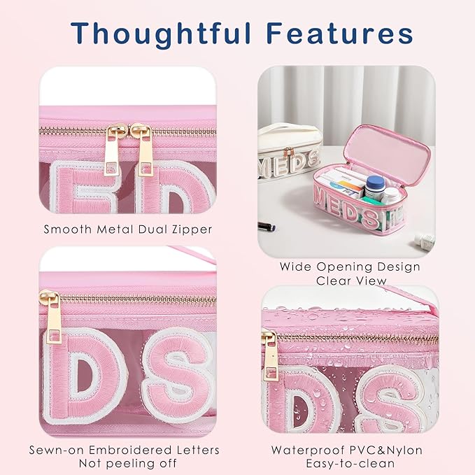 Clear Waterproof MEDS RX Makeup Bag，Transparent PVC Letter Patch medication travel case with Handle and Zipper, Portable Meds First Aid Travel Organizer Cosmetic Bag(01 Pink MEDS)