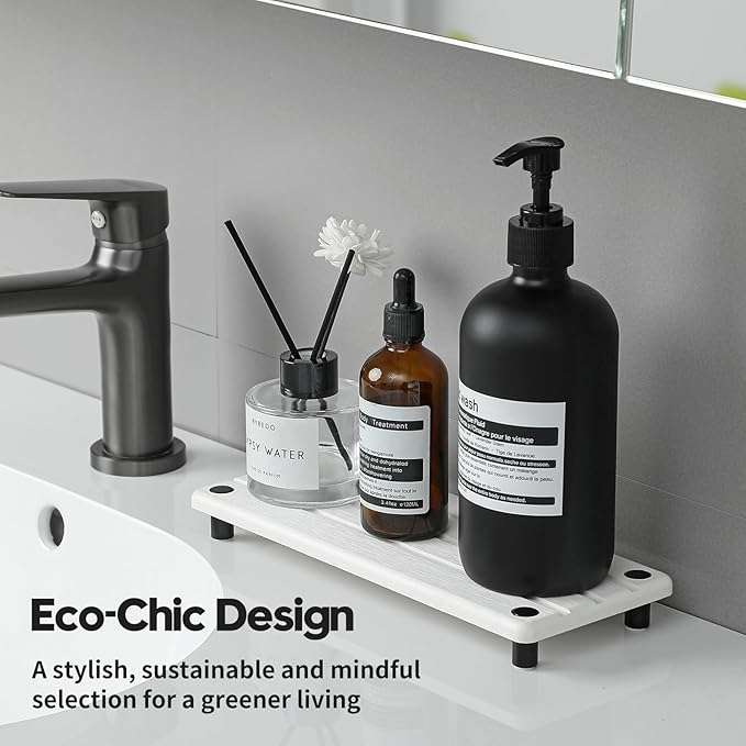 2 Pack Fast Drying Water Absorbing Diatomite Stone Mat Tray for Kitchen & Bathroom Counter - Instant Dry Sink Caddy Organizer - Vanity Holder for Soap and Sponge – White 10" x 4"