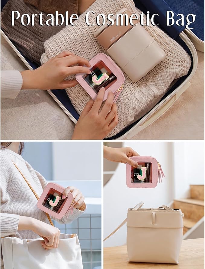 Christmas Gifts for Girls - Initial Clear Toiletry Bag, Small Cosmetic Bags for Girls with Zipper, Potable Mini Makeup Bag for Birthday, Graduation (Pink, J)