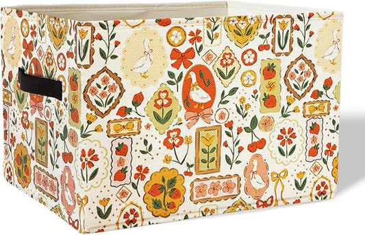 Funny Silly Goose Florals Cute Storage Basket Organizer Bins With Handles,Rectangle Cherries Foldable Nursery Decorative Baskets for Home shelves Bedroom Bathroom Clothes Toys Books Toybox