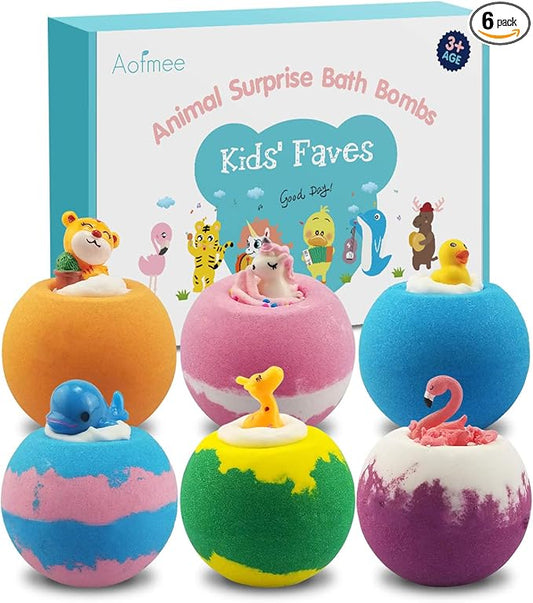 Aofmee Bath Bombs for Kids, Handmade Natural Bath Bombs with Toy Inside, Shea Cocoa Butter Moisturize, Spa Fizzies Bath Bomb Kit, Birthday Christmas Holiday Gifts for Women, Girls, Boys