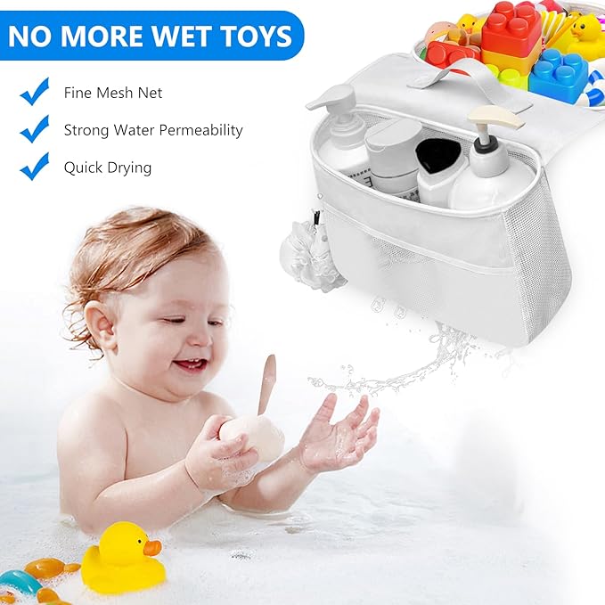 Blingbin Bath Toy Organizer, 2 Compartments Bathtub Toy Storage Organizer, Quick Access Bath Toy Holder for Bathtub, Quick Dry Wide Opening Mesh Shower Toy Holder for Kids Toddlers