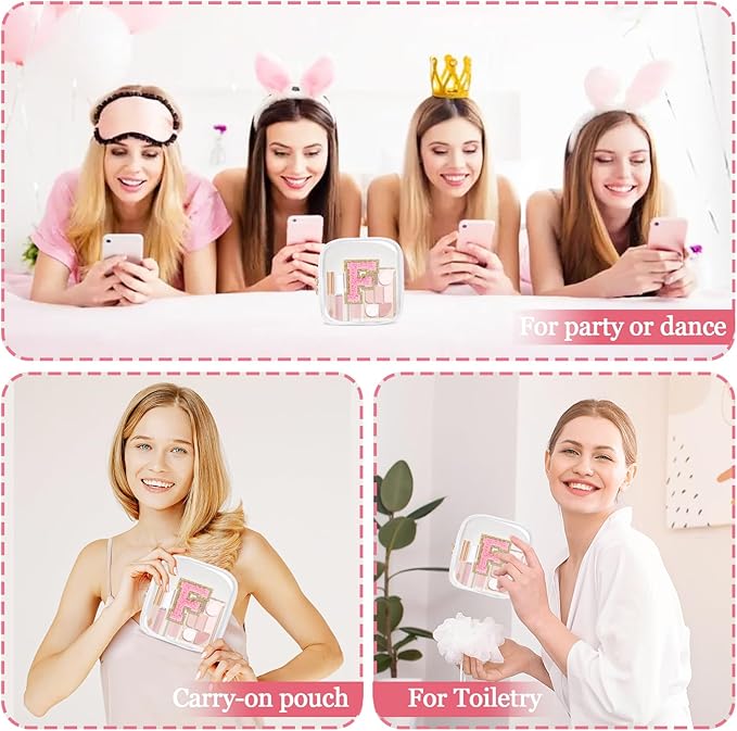 Mini Clear Personalized Initial Makeup Bag,Nylon Preppy A-Z Chenille Letter Patch Zipper Cosmetic Bag, Small Cute Beach Pouch Travel Purse Sanitary Napkin Storage Bag for Women Girls(White-Pink F)