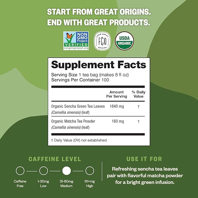 FGO Organic Japanese Matcha + Green Tea, 100 Count, Eco-Conscious Tea Bags, Resealable Bag, Packaging May Vary (Pack of 1)