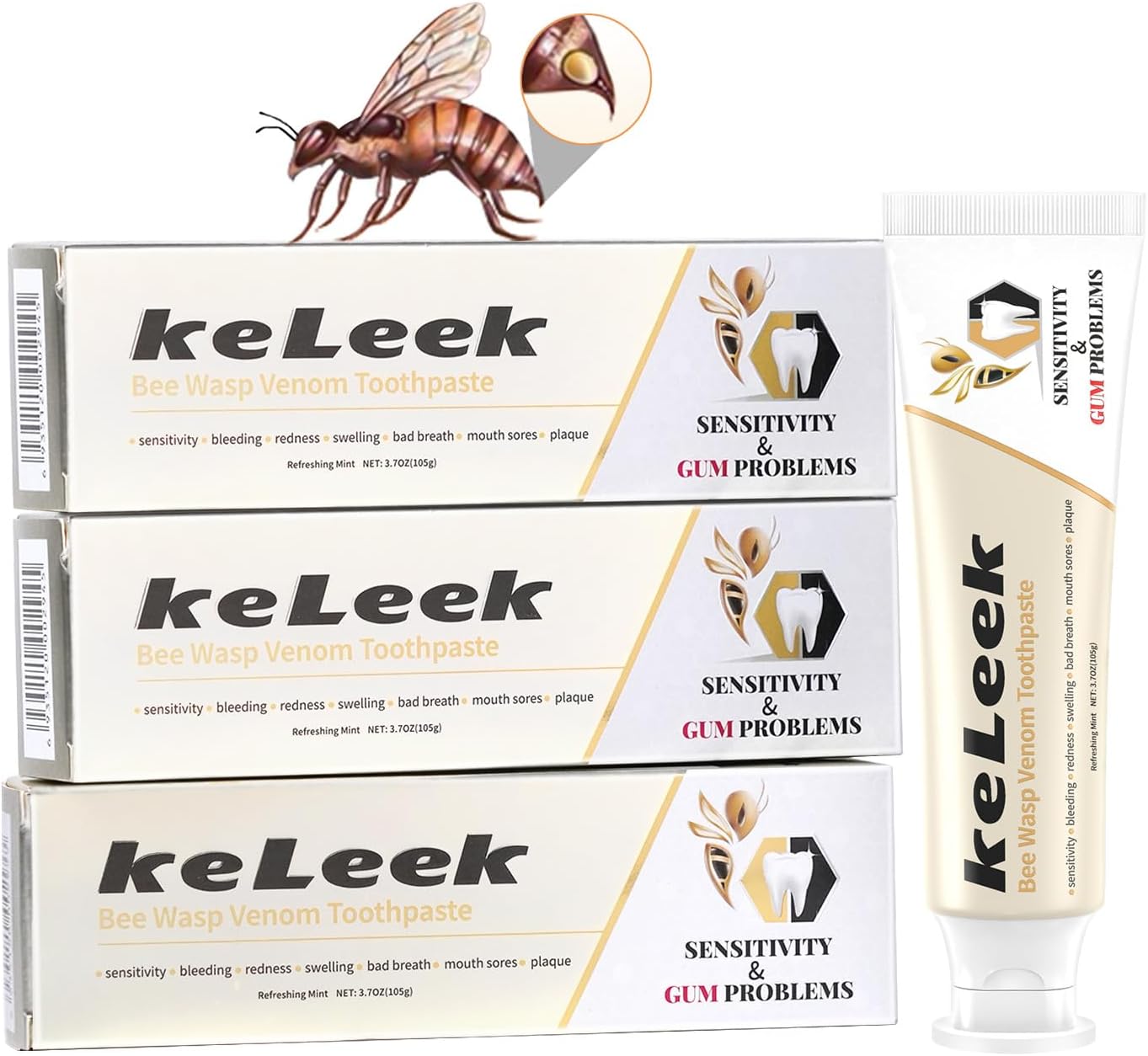 3PCS Bee Wasp Venom Multi-Peptides Toothpaste for Bleeding Gums,Gingivitis Treatment Repair,Sensitive Teeth,Mouth Sores,Plaque-12 Hours Breath Fresheners- 3.7 OZ(3 Pack)