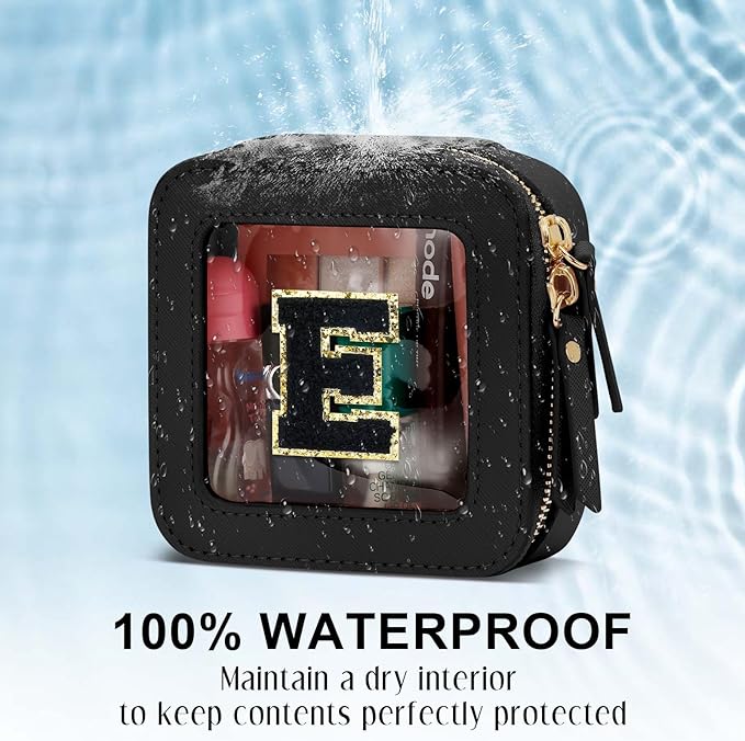 Initial Travel Toiletry Bag - Cosmetic Bags for Girls with Zipper, Clear & Potable Girls Makeup Bag for Travel, Small Cosmetic Pouch Perfect Gifts for Graduation (Black, E)