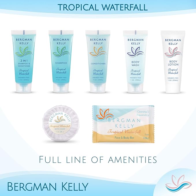 Bergman Kelly Hotel Toiletries Bundle (Tropical Waterfall, 1 oz each, 40 Pcs) 4-Piece Set: 10 Rectangular Bar Soap, 10 Shampoo, 10 Conditioner & 10 Body Lotion - Bulk Mini Guest Amenities Supply