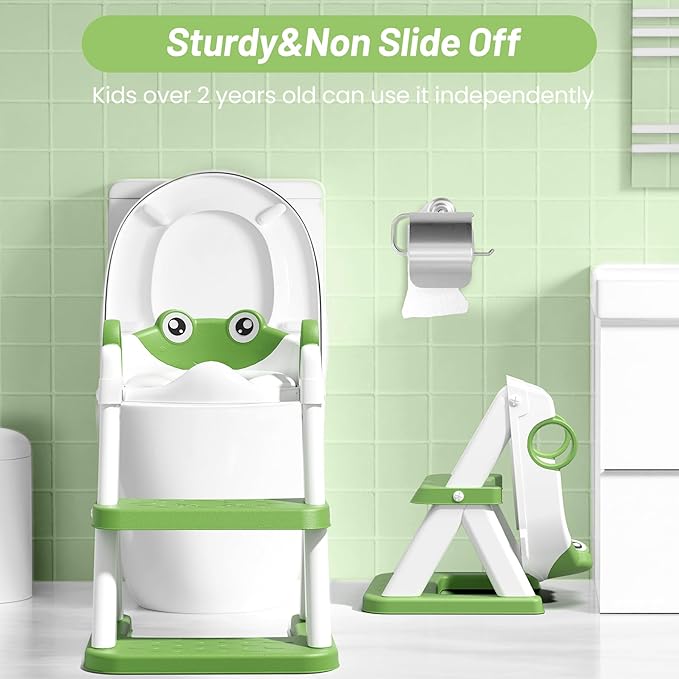Frog Potty Training Seat, Upgrade Toddler Toilet Seat for Kids Boys Girls, 2 in 1 Potty Training Toilet for Kids, Splash Guard Anti-Slip Pad Step Stool