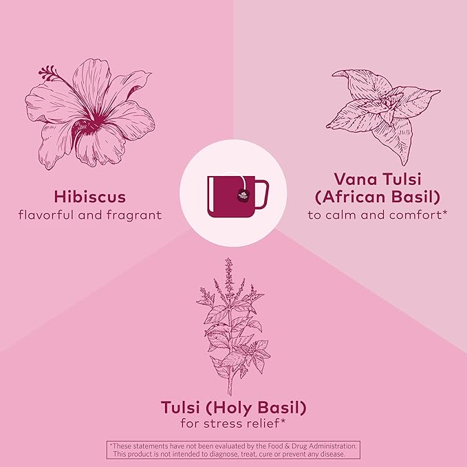 Organic India Tulsi Hibiscus Tea Bags - Holy Basil Herbal Tea, Stress Relieving, Immune Support, USDA Organic, Calming, Caffeine Free- 18 Bags, 6 Pack