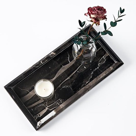 Black Marble Tray for Bathroom, Organic Natural Texture Marble Catchall Tray, Rectangular Durable Heavy Duty Jewelry Storage Platter, Marble Countertop Organizer for Dresser, Home Decor