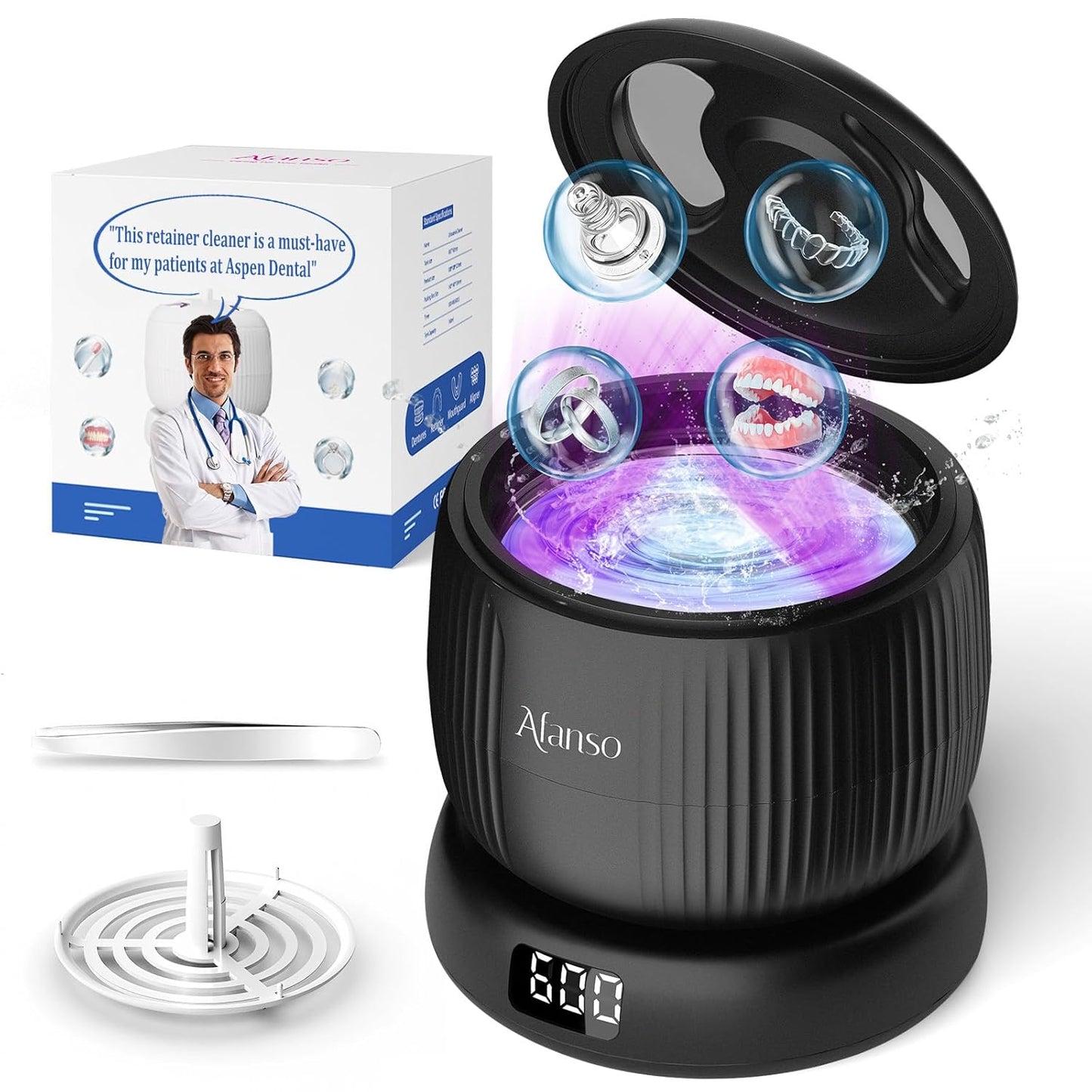 50kHz Ultrasonic Retainer Cleaner Machine for Travel & Home, Portable Denture Cleaner with Removable Base, 4 Modes Timer, Dental Cleaning Pod for Aligners, Braces, Mouth Guard, Jewelry, Toothbrush