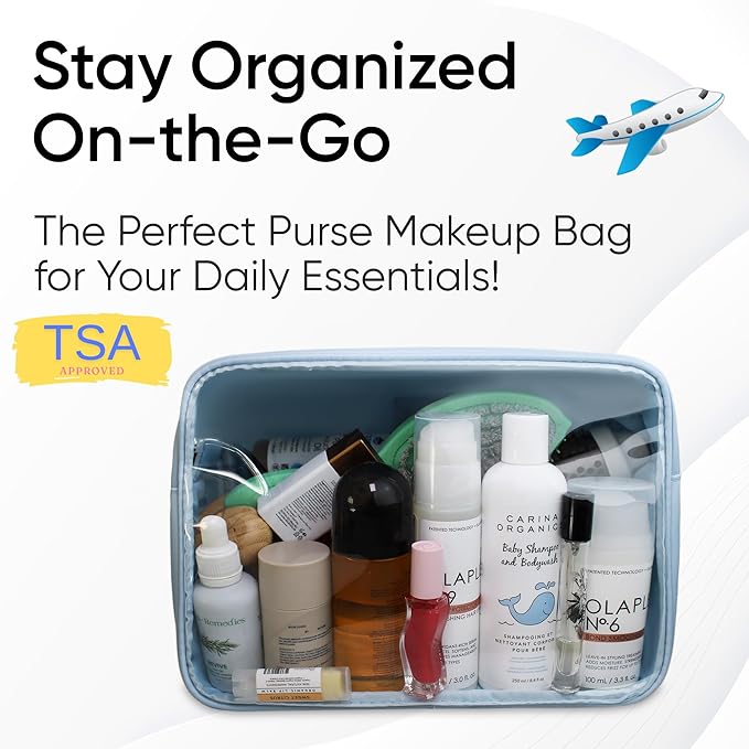 Large Clear Makeup Bag TSA-Approved Travel Cosmetic Pouch Spacious Transparent Toiletry Bag for Women and Girls Waterproof Clear Organizer Case Light Blue