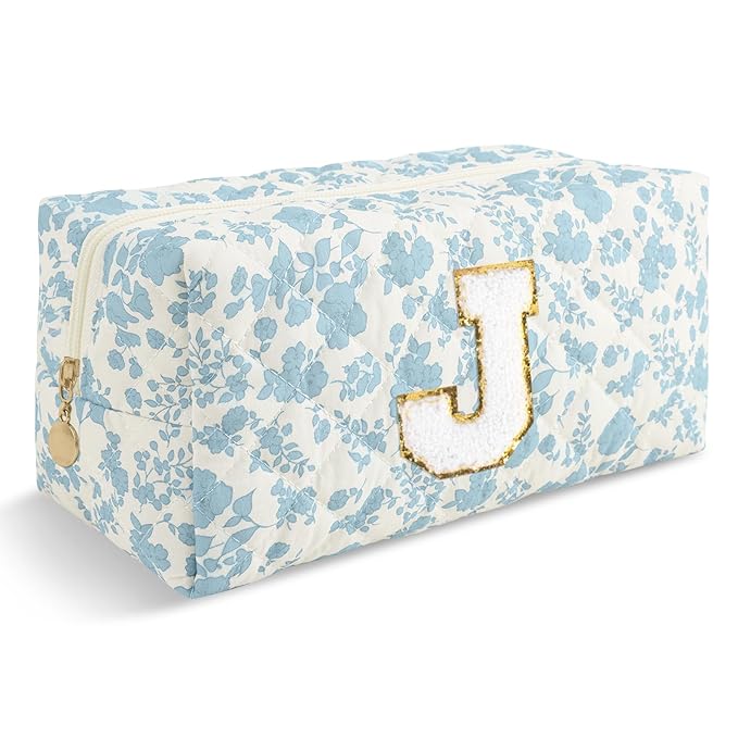 Personalized Quilted Cosmetic Bag, Puffy Monogrammed Christmas Birthday Gifts for Women & Girls, Cute initial Floral Makeup Bag Puffer Coquette Bag, Aesthetic Travel Toiletry Zipper Pouch(Blue,J)
