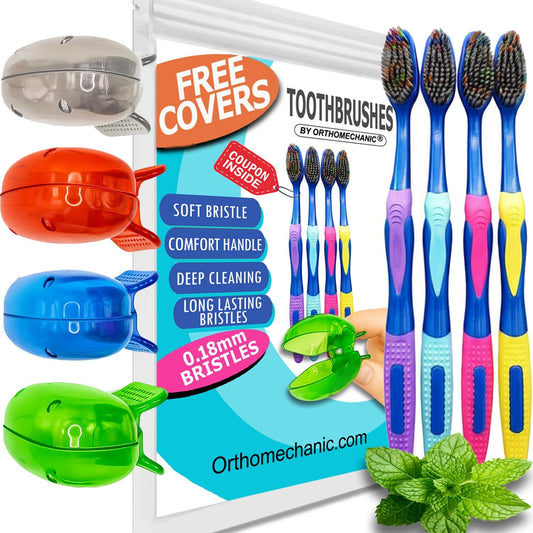 Toothbrush and Covers Kit – Portable Toothbrush Protector Caps, Plastic Travel Case & Brush Pods for Manual & Electric, Travel, Camping (Covers 4 Pack with 4 toothbrushes)
