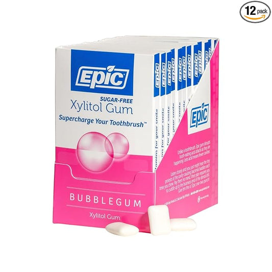 Epic 100% Xylitol Bubblegum Chewing Gum - Sugar Free, Aspartame Free Dental Gum - Supports Oral Health & Fresh Breath - 12 Pieces (Pack of 12)