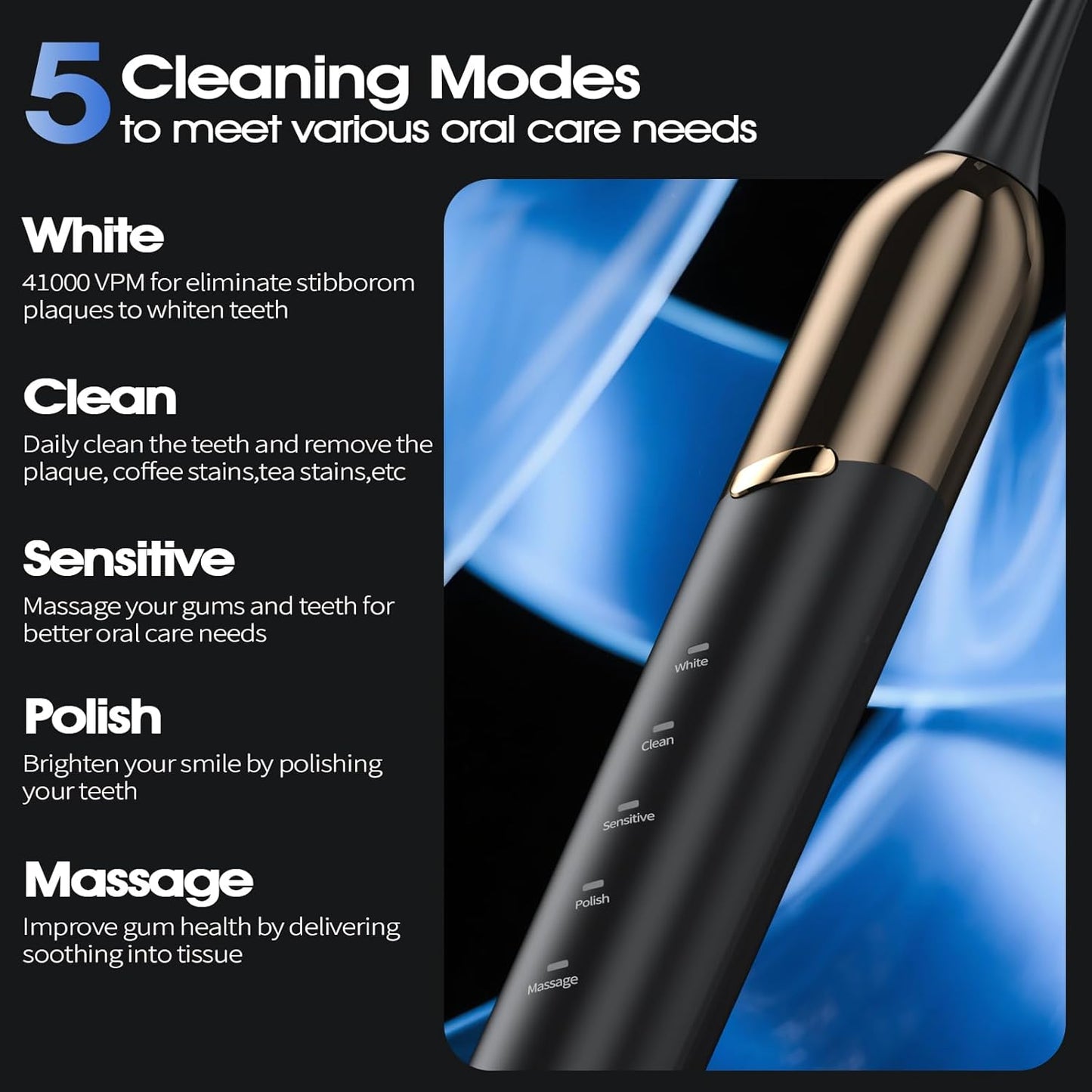 Sonic Electric Toothbrush for Adults - 41,000 VPM Deep Clean with 4 Brush Heads, 5 Modes, 100-Day Battery Life, IPX7 Waterproof Rechargeable Toothbrushes Built-in Smart Timer | Perfect for Home/Travel