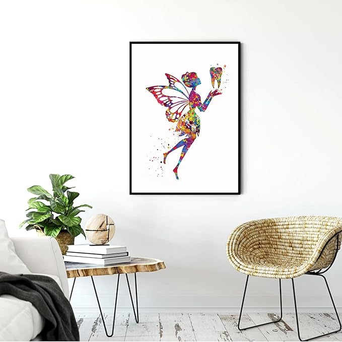 HFKSRJGW Dental Clinic Decor,Tooth Fairy Watercolor Print Dental Art Dentist Poster Teeth Anatomy Stomatology Decor Clinic Wall Decor Medical Art Dental Office Art,12"x16"Framed Wall Art