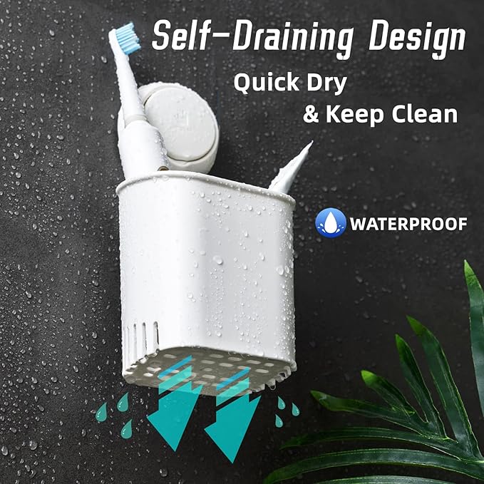 LEVERLOC Powerful Suction Cup Toothbrush Holder, Drill-Free Wall Shower Holder for Toothbrush, Toothpaste, Razor, Removable Suction Cup in Shower, Self-draining Kitchen Tableware Organizer, White