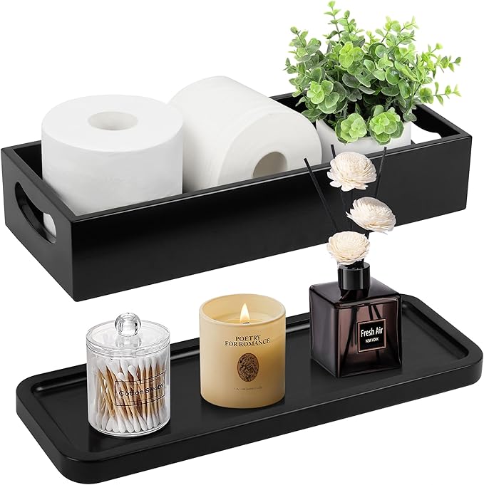LotFancy Bathroom Decor Box and Vanity Tray, Set of 2, Wooden Toilet Tank Basket Topper, Bathroom Tray for Counter, Black Farmhouse Bathroom Decor