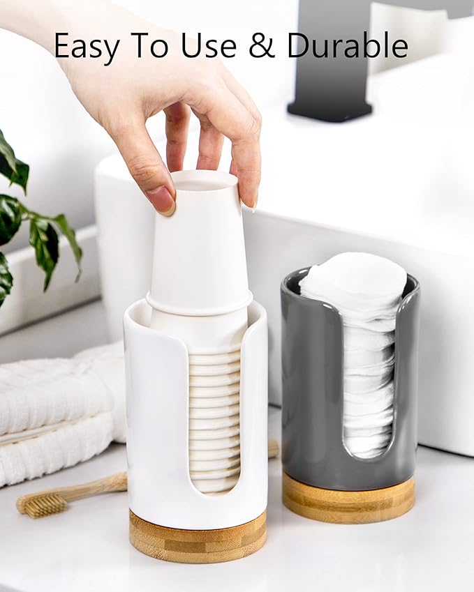 Ceramic Bathroom Cups Dispenser - 3-5 oz Disposable Paper & Plastic Bathroom Cups Holder - Mouthwash Cups Dispenser for Bathroom, Guest Toiletries, Countertop, Coffee - BPA Free (White)