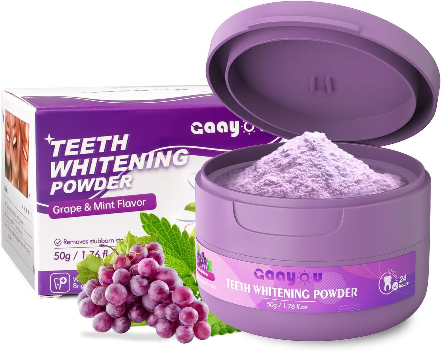 Purple Teeth Whitening Powder, Grape & Mint Flavor Natural Teeth Whitener, Color Corrector Toothpaste Powder for Tooth Stain Removal