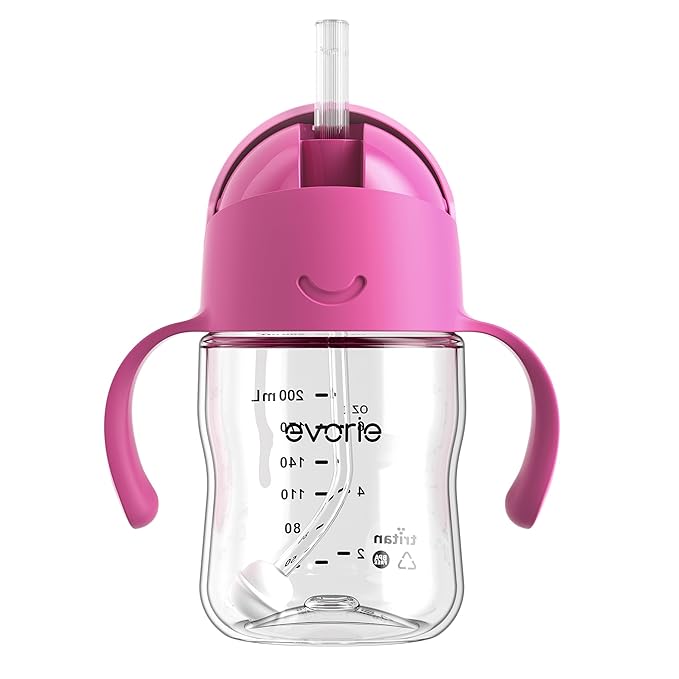 Evorie Tritan Weighted Straw Sippy Cup with Handles for Baby and Toddlers, Spill Proof Baby Water Bottle with Straw for 6 months and up, 7 Oz, Infant Training Water Bottle (Strawberry)