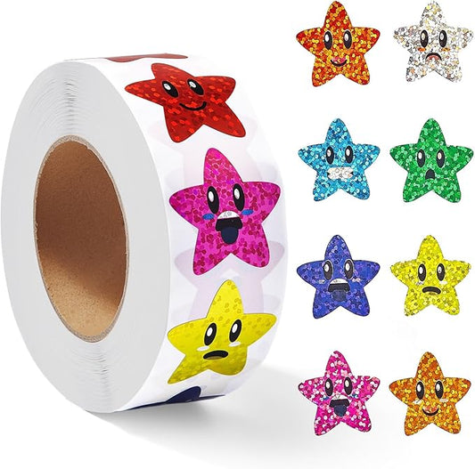 1000PCS Smiley Star Stickers for Kids Reward, 1 inch Holographic Star Stickers for DIY, Crafts, Behavior Chart, Student Planner, School and Classroom Teacher Supplies, 8 Colors
