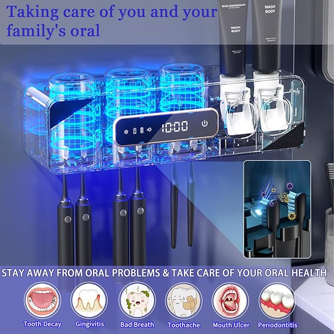 Automatic Toothpaste Dispenser,Rechargeable Toothbrush Holders for Bathrooms,3 Cups Electric Toothbrush Holder Wall Mounted with Toothpaste Dispenser Bathroom Decor (Grey)