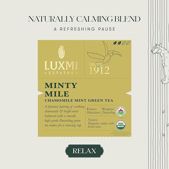 Luxmi Estates Minty Mile Organic Chamomile Mint Green Tea (25 Tea Bags) Low Caffeine Tea Bags For Relaxing, Calming, and Stress Relief, With Certified Organic Darjeeling Makaibari Green Tea