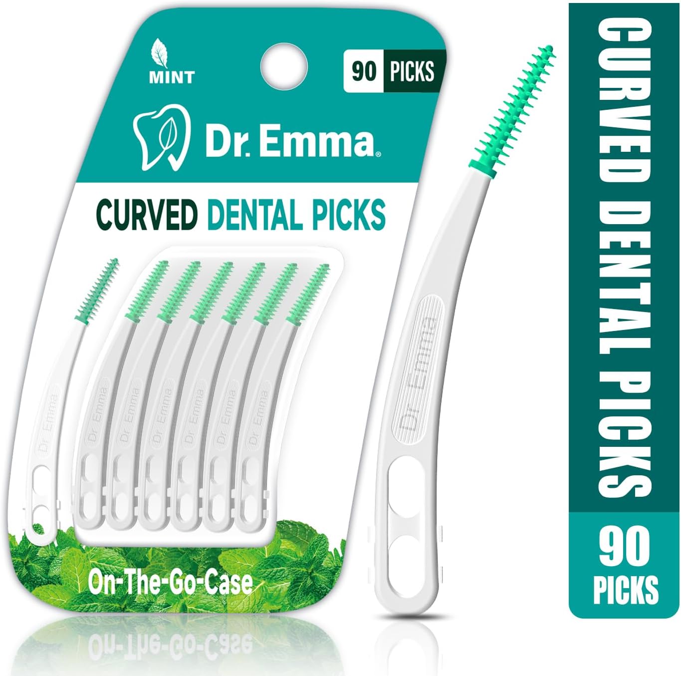 Dr. Emma Dental Picks Mint Curved Soft Rubberized Tooth Picks Easy to Use Brush Picks with Carry Case, 90Ct/Pack, 2 Pack