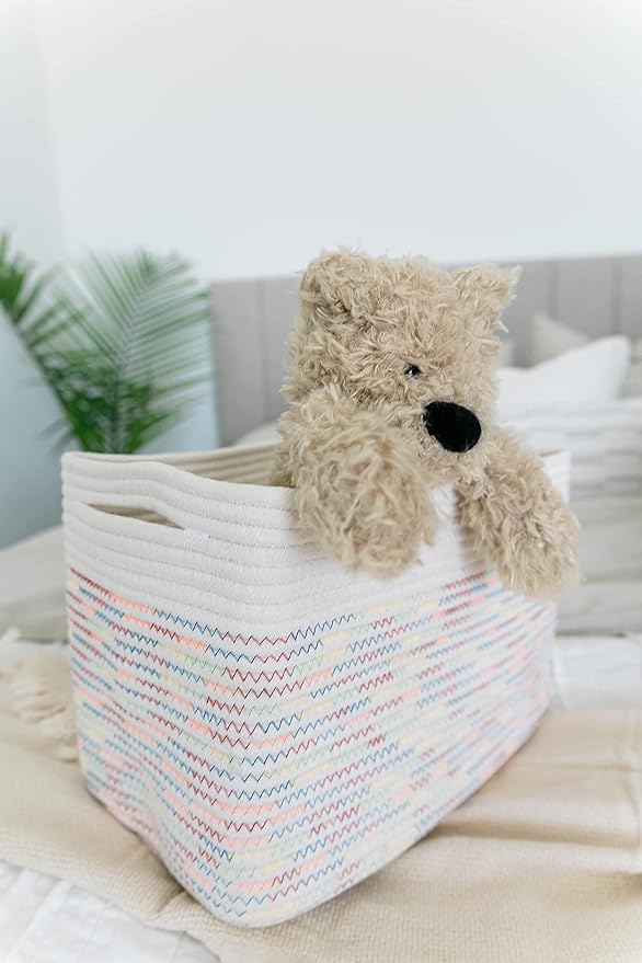 OrganiHaus Set of 3 Woven Storage Baskets for Shelves, Decorative Organizer Bins for Closet & Bathroom, Multipurpose Home Organization Baskets, Toy Storage Basket - Rainbow Stitches 15x9x10 inches