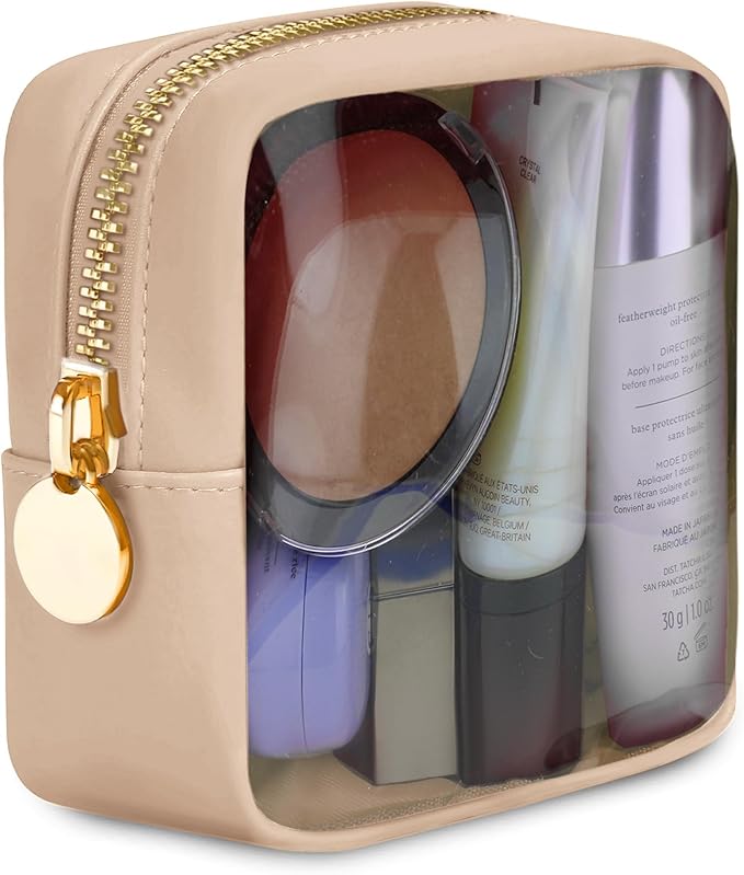 Beige Mini Makeup Bag - Clear Travel Cosmetic Case With Pouch, Small Cosmetic Pouch for Purse