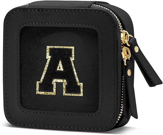 Initial Travel Toiletry Bag - Cosmetic Bags for Girls with Zipper, Clear & Potable Girls Makeup Bag for Travel, Small Cosmetic Pouch Perfect Gifts for Graduation (Black, A)