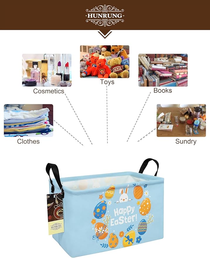 HUNRUNG Rectangle Storage Basket Cute Canvas Organizer Bin for Pet/Children Toys, Books, Clothes Perfect for Rooms/Playroom(Rabbit Easter Egg)