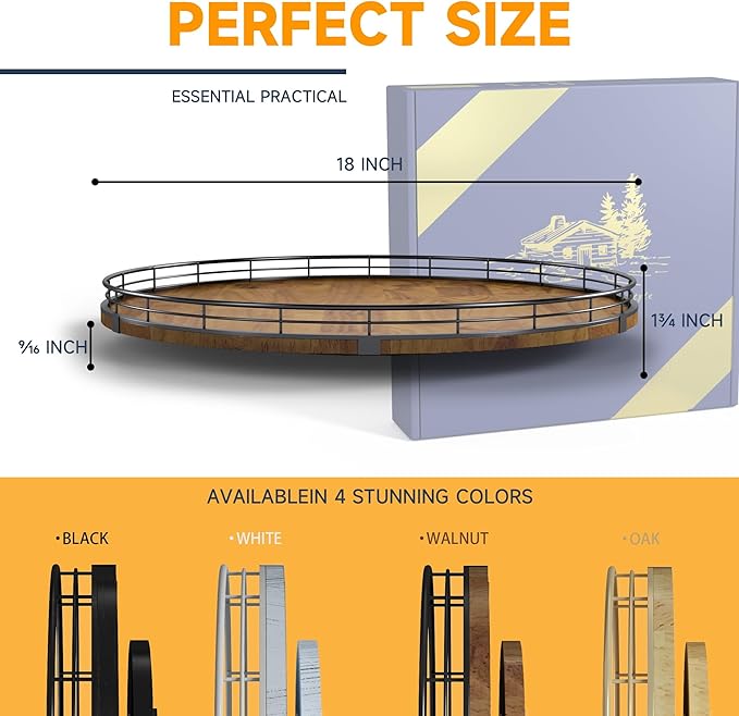 Farmhouse Oak 18" Lazy Susan Turntable Organizer for Cabinet, Round Wooden Lazy Susan Organization and Storage for Dining Table, Pantry, Kitchen, Countertop, Cupboard,Home Decor, Walnut Wood (18")