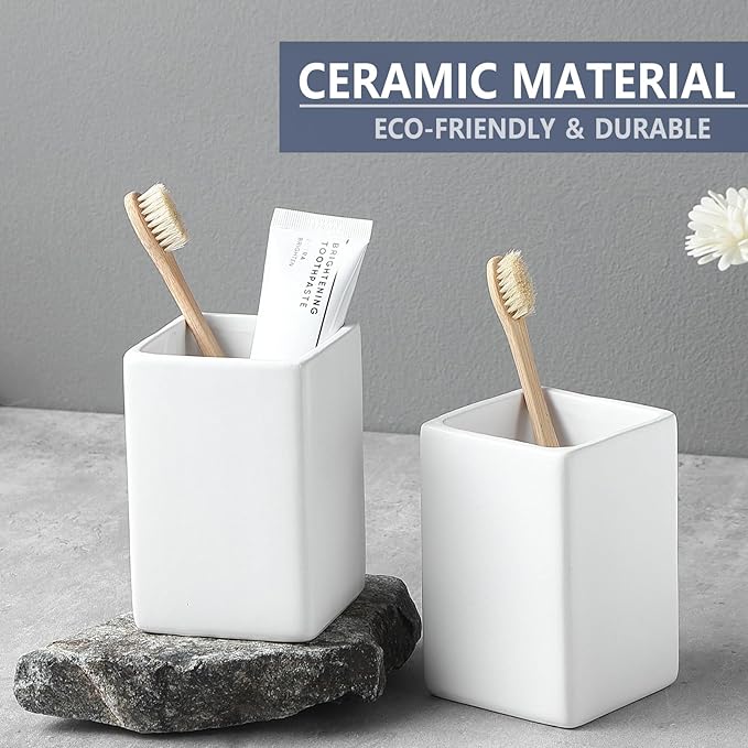 Toothbrush Holders for Bathrooms - 2 Cups Ceramic Square Toothbrush Toothpaste Holders Set, White Square Bathroom Tumbler Cups Reusable Toothbrush Mouthwash Cup, Bathroom Counter Organizer.