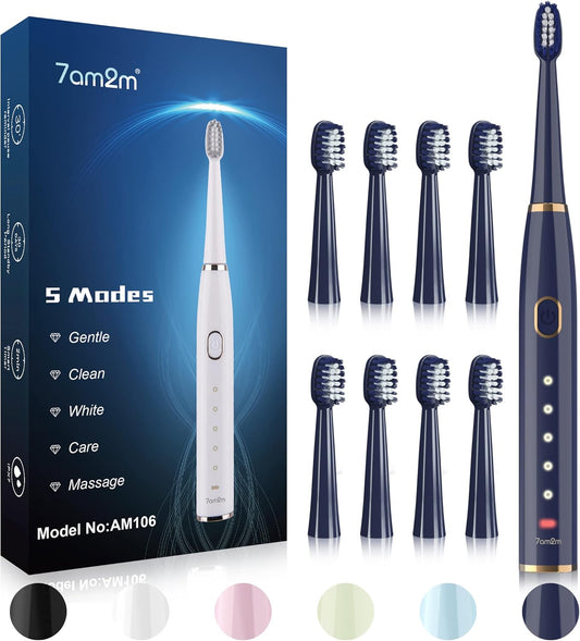 7AM2M Sonic Electric Toothbrush for Adults and Kids- High Power Rechargeable Toothbrushes with 8 Brush Heads,5 Adjustable Modes, Built-in 2-Minute Smart Timer,4 Hours Fast Charge for 30 Days(Navy)