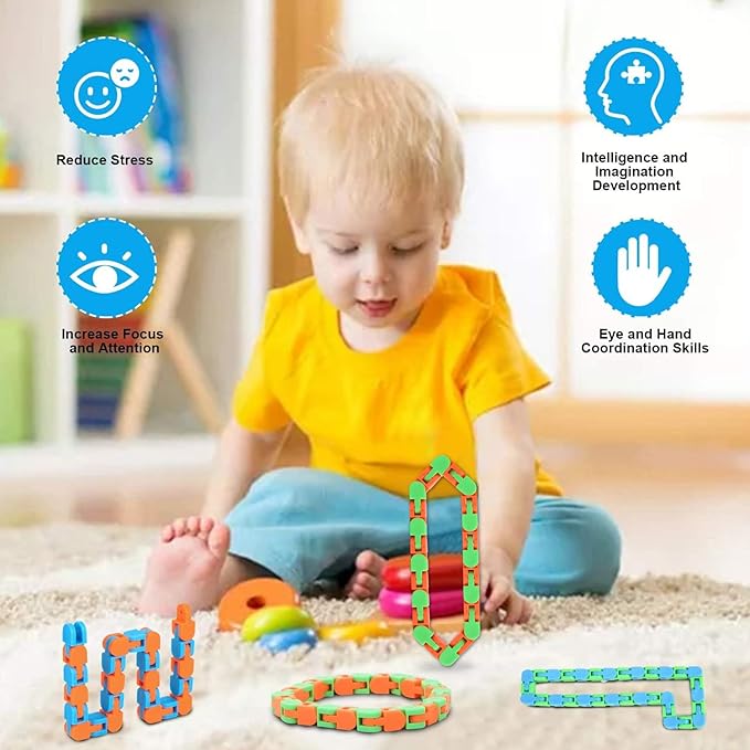8Pcs 24Links Fidgets Wacky Tracks Fidget Toys for Kids Classroom Students Gifts School Stocking Stuffers Plastic Sensory Autism Snap Fidget Click Snake Toys for Adults Travel Stress Relief 11inch
