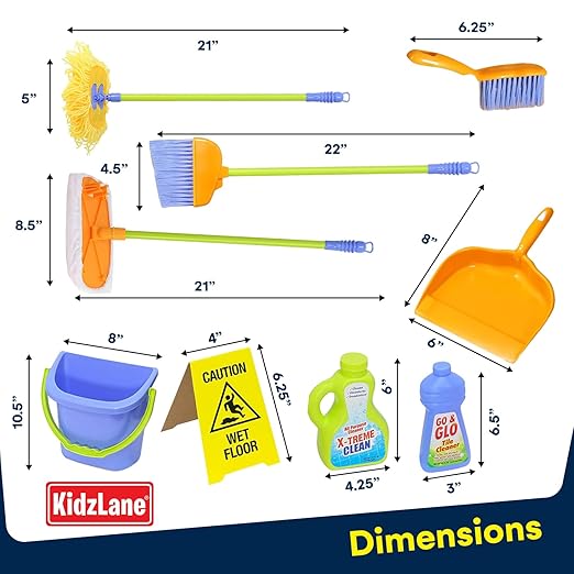 Kidzlane Kids Cleaning Toy Set - Toddler Cleaning Set with Realistic Broom, Mop, and Dustpan with Wet Floor Sign and Cleaning Tools - Kids Broom Set for Ages 3 and Up - Fun Playtime for Boys and Girls