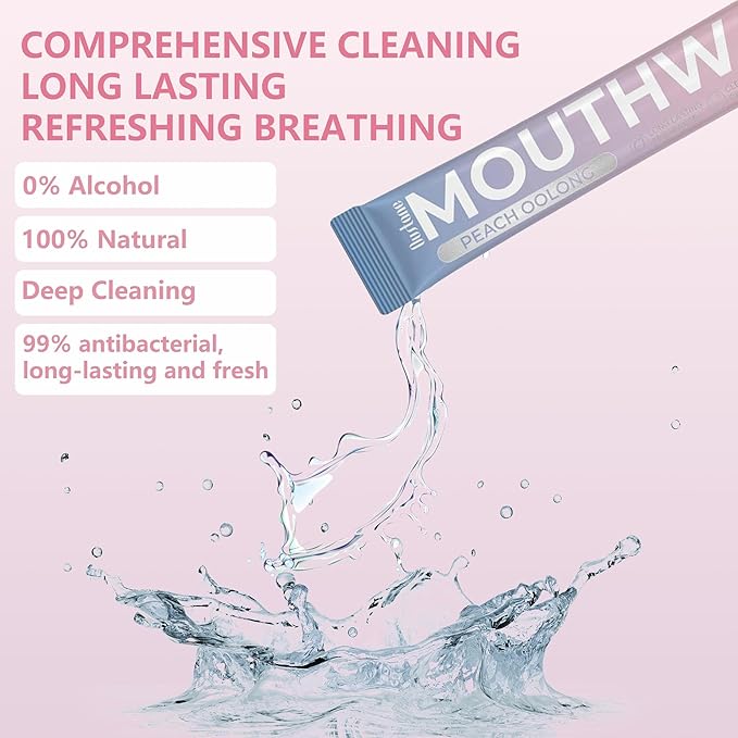 Travel Size Mouthwash, Peach Oolong Flavor, Alcohol-Free, 20-Pack Portable Packets, 0.5 Fl Oz Each, Long-Lasting Freshness (20)