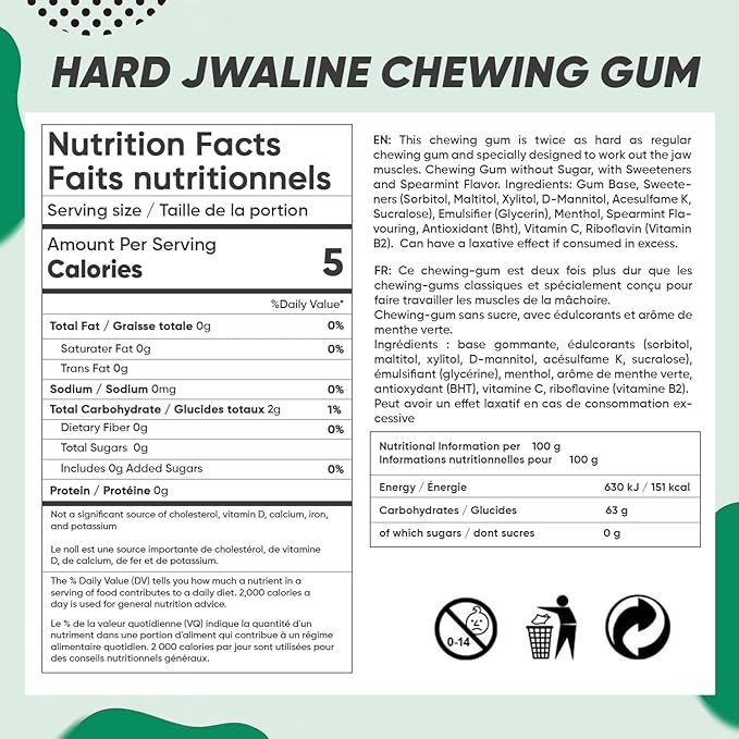 Jawliner® Hard Jwaline Chewing Gum - Sugar Free Spearmint Tough Jaw Gum - Jaw Exerciser Strong Mewing Jawline Mistic Gum - 2x Harder than Regular Chewing Gum 330 Grams (120 Strips)