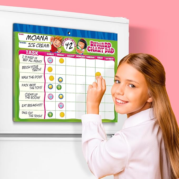 Behavior Reward System - Pad with 15 Chore Charts for Kids, 850 Stickers to Motivate Responsibility & Good Habits