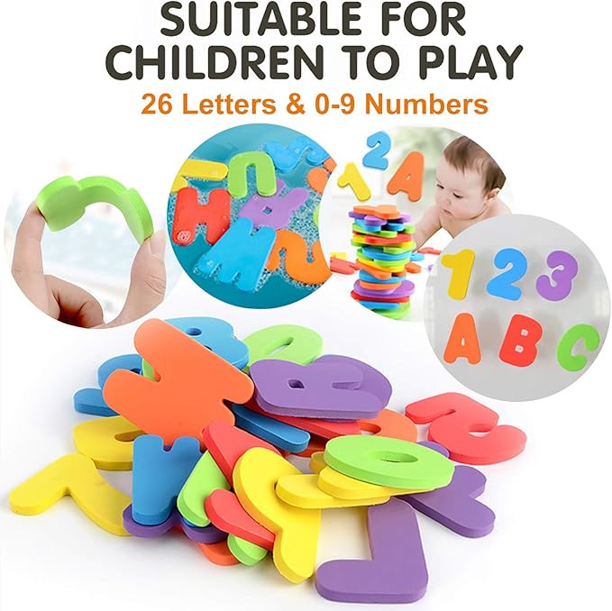 Bath Toy Sets, 36 Foam Bath Letters and Numbers, Floating Squirts Animal Toys Set with Fishing Net and Organizer Bag, Fish Catching Game for Babies Infants Toddlers Bathtub Time