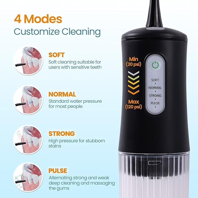 Cordless Water Flosser for Teeth Cleaning Pick - Electric Dental Irrigator with 4 Cleaning Modes & 8 Jet Tips, IPX7 Waterproof, Portable Rechargeable Design for Home & Travel Use,Black