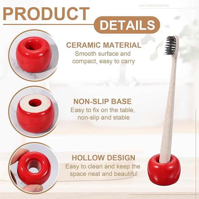 uxcell 2 Pcs Mini Ceramics Toothbrush Holder Stands, Sleek Mini Countertop Toothbrush Round Shape Ceramic Holder Stand for Bathroom Vanity Countertops, Red