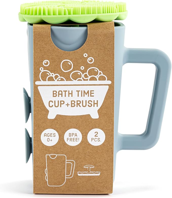 DEMDACO Love to Play Collection Baby Bath Rinse Cup and Silicone Scalp Scrubber Set - Gentle Hair Washing Aid for Infants & Toddlers Soft Silicone Kids' Brush & Ergonomic Rinse Pitcher, Green