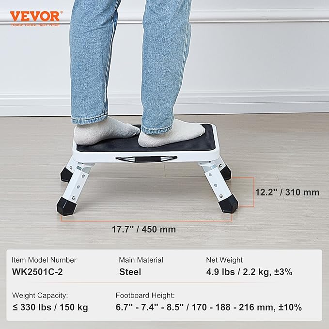 VEVOR 1-Step 330lbs Capacity Folding Steel Step Ladder, Adjustable Height, Non-Slip Sturdy Step Stool for Adults, Toddlers, Offices, RVs, Bathrooms, Bedrooms